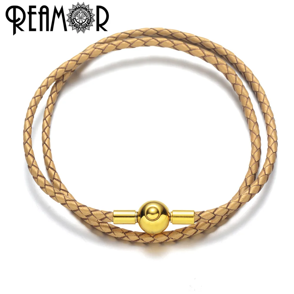 

REAMOR Trendy Double Layers Genuine Leather Chain Bracelet For Women European Heart Snap Clasp Bracelets Bangles DIY Jewelry