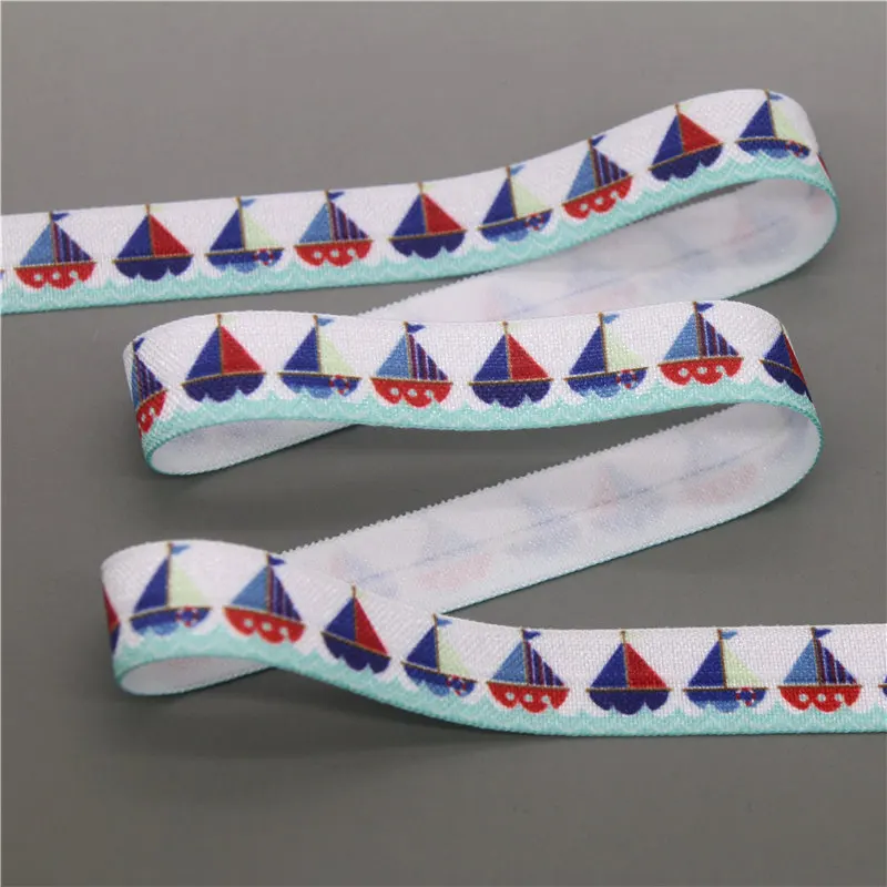 DHK 5/8'' 5yards dog boat love sea shell printed Fold Elastic FOE stretch ribbon hairbow headwear headband DIY OEM E1786