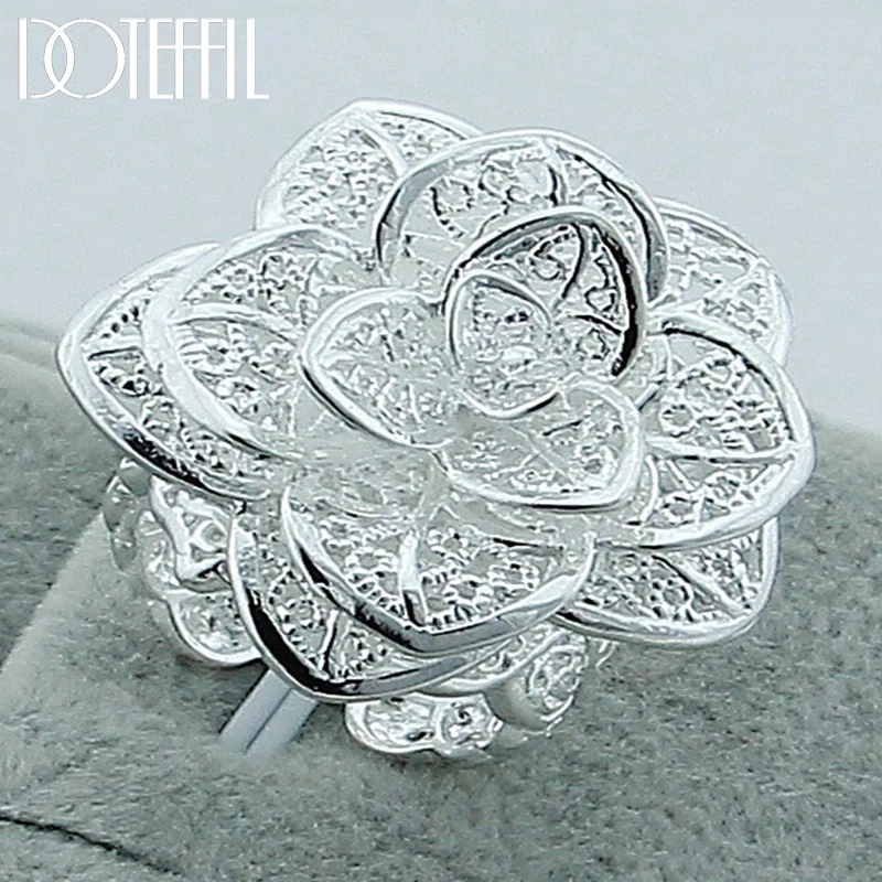 DOTEFFIL 925 Sterling Silver Rose Flower Open Ring Hollow Out Design Ring For Women Wedding Engagement Party Jewelry