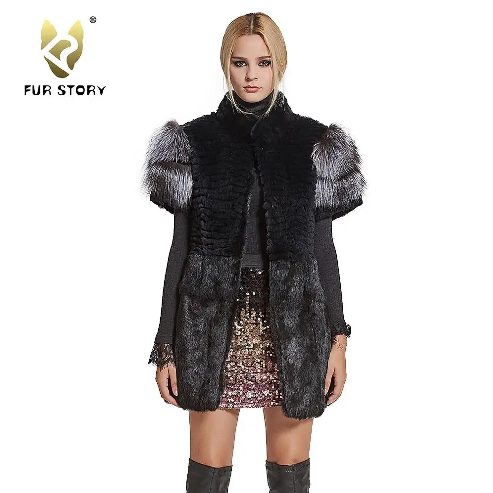 Women's Vest Real Rabbit Fur Vest with Real Sliver fox fur Sleeve Fashion Lady Gilet Waistcoat Fur StoryFS17215