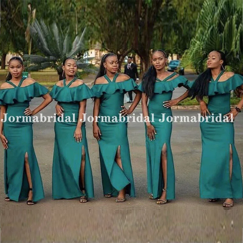 

Long Mermaid Teal Bridesmaid Dresses Halter Ruffles Neckline Side Slit Sheath Bride Maids Dress Vestidos Para Dama De Honor