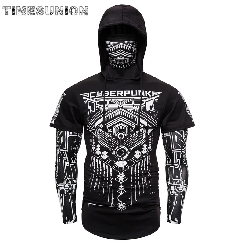 Mens Skull Hoodies Sweatshirt Fake Two Pieces Men Punk Jogging Homme Pullover Elastic Streetwear Hoodie Japan Ninja Suit