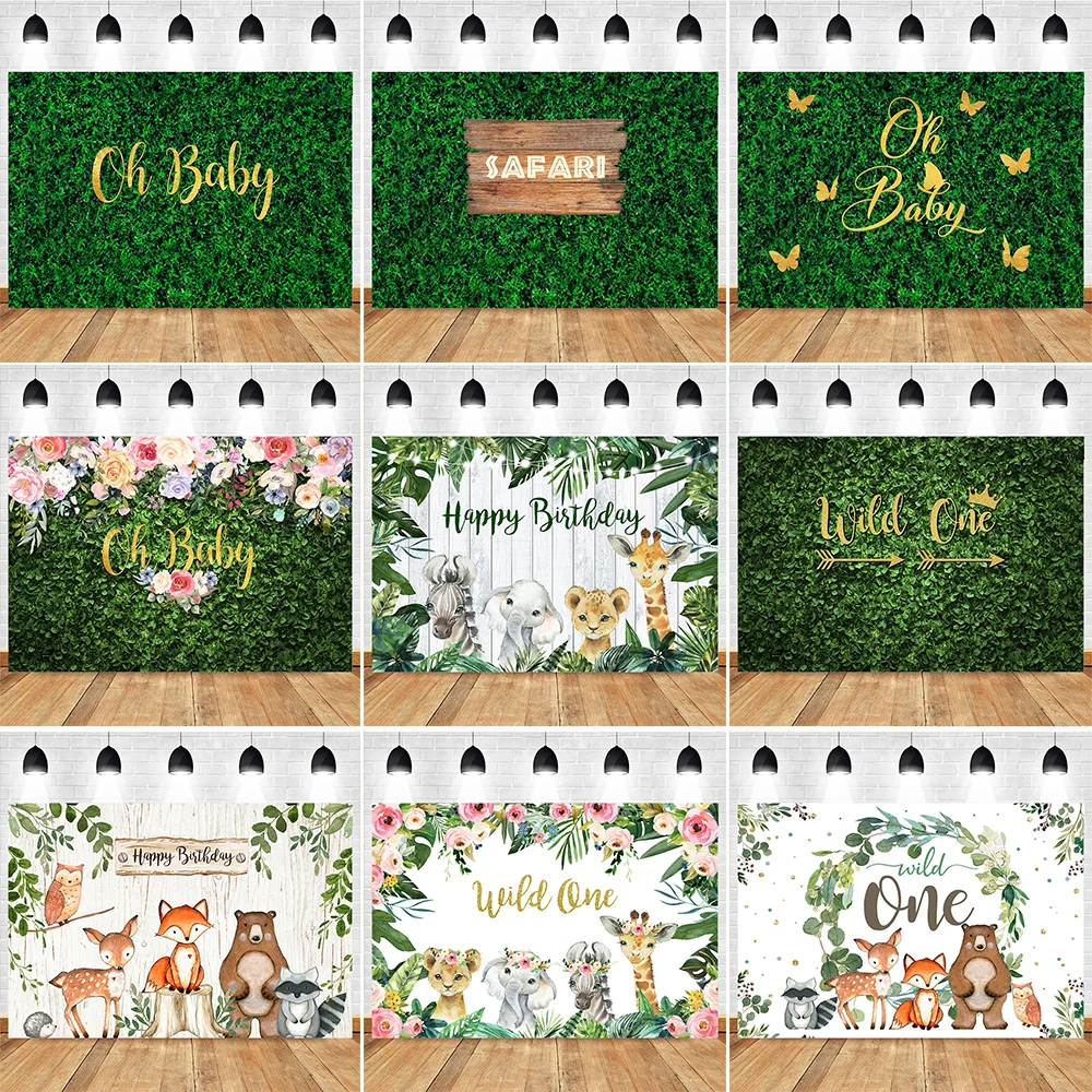 Toile de fond de photographie de fond de joyeux anniversaire, forêt verte de la jungle, terre de calcul, safari, fête, nouveau-né, animaux, baby shower, séance photo