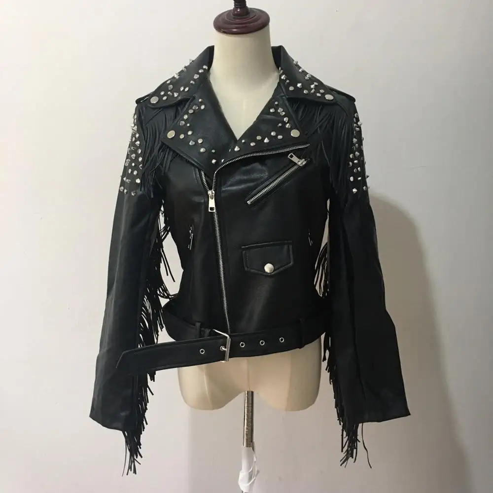 Punk street rivet beading pu leather jackets spring leather outerwear female fashion Tassel stitching PU leather jacket F832