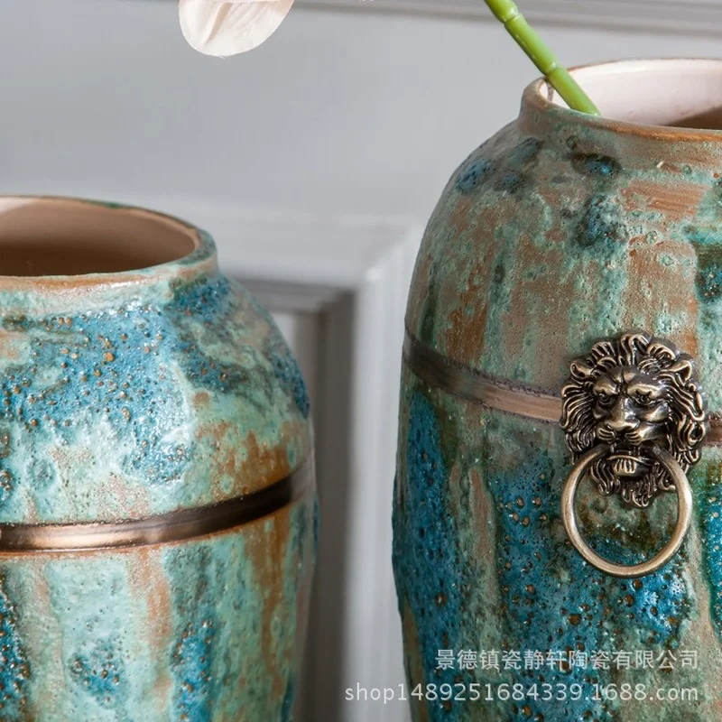 Jingdezhen ceramic vase with copper ring blue bubble glaze ceramic floor-mounted large classical Chinese vase