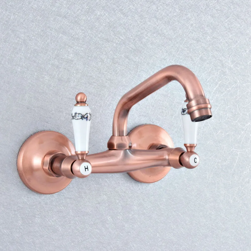 

Antique Red Copper Bathroom Basin Swivel Spout Faucet Wall Mounted Dual Ceramic Handles Vessel Sink Mixer Taps Nsf869