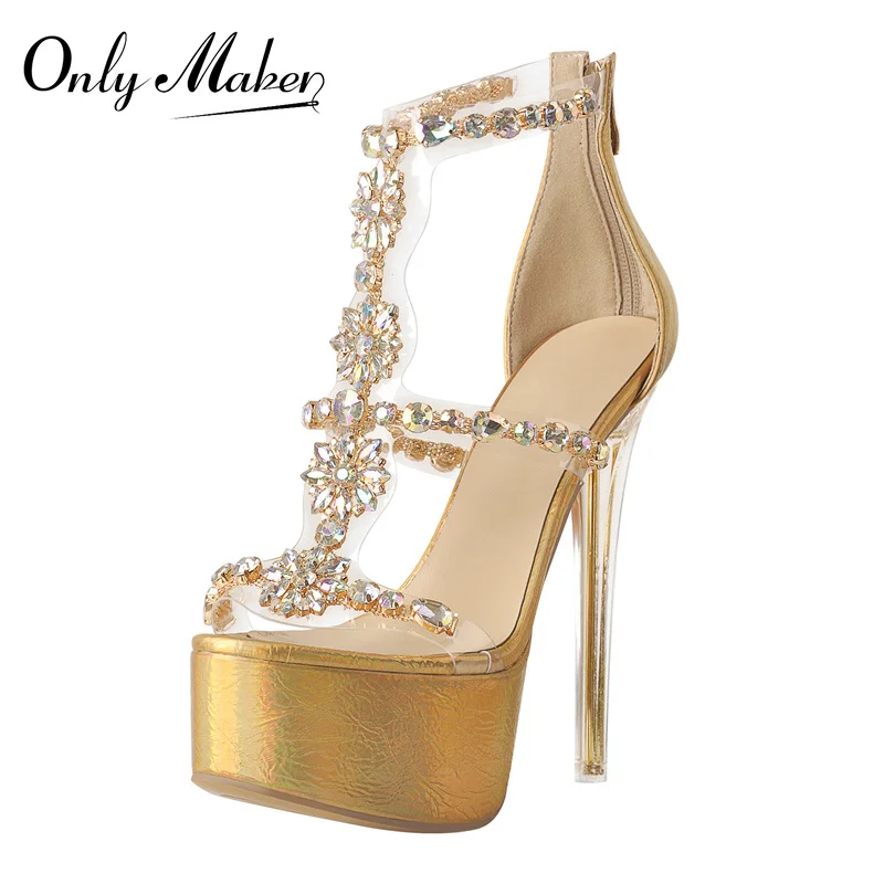 Onlymaker Platform Sandals For Women Round Toe Gold PU Crystal Bordered Cover Heel Clear Metal High Heels Zipper Summer Sandals