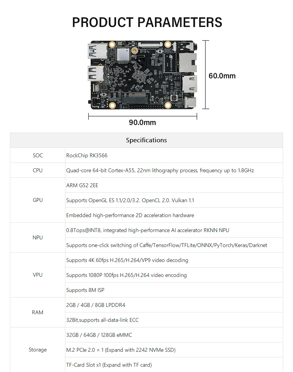 ROC-RK3566-PC AI SBC عالي الأداء مع WiFi مزدوج BT5.0 Rockchip RK3566 يدعم Caffe/TensorFlow Android 11.0 Ubuntu