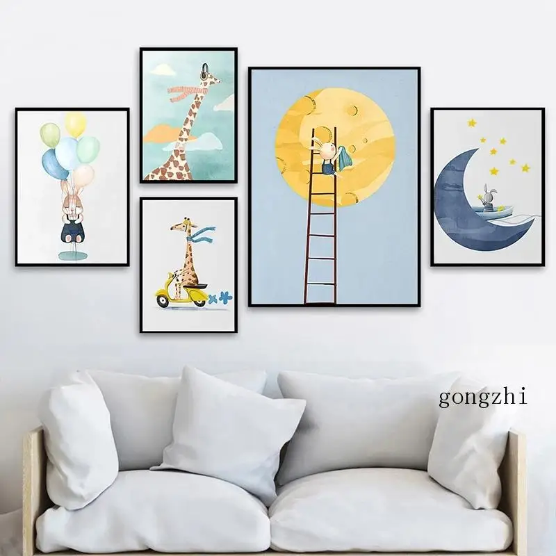 

Cartoon Cute Rabbit Giraffe Fantasy Moon Nordic Posters Canvas Painting and Prints Nursery Wall Art Picture Baby Kids Room Decor