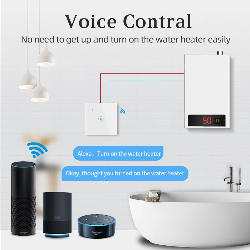 Interruptor Smart WiFi Touch Water Heater, 20A, App Tuya Smart Life, Temporizador, Google Home, Alexa, Controle de Voz, Painel de Vidro, Interruptor de Parede