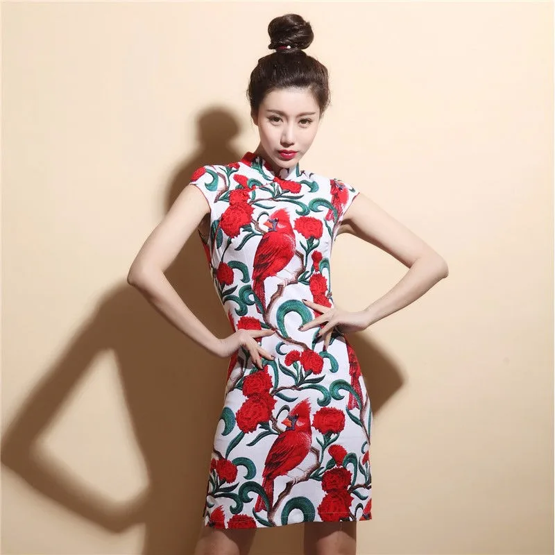 Black Red Nightingale Chinese Cheongsam Dress Stretch Cotton And Linen Chipao 5xl 4xl Sexy Traditional Vintage Qipao