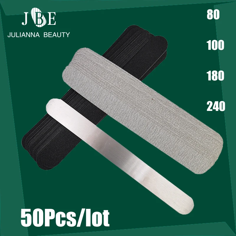 

50Pc Replacement Sandpaper Nail File Buffer 80/100/180/240 Straight Removable Pads With Stainless Steel Handle Metal Buffer File