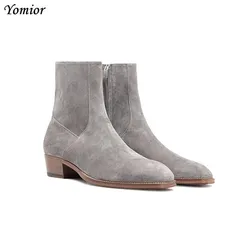 Yomior Italian Fashion Men Shoes Real Cow Leather Pointed Toe Ankle Boots Vintage Zip Cork Formal Dress Chelsea Boots Big Size