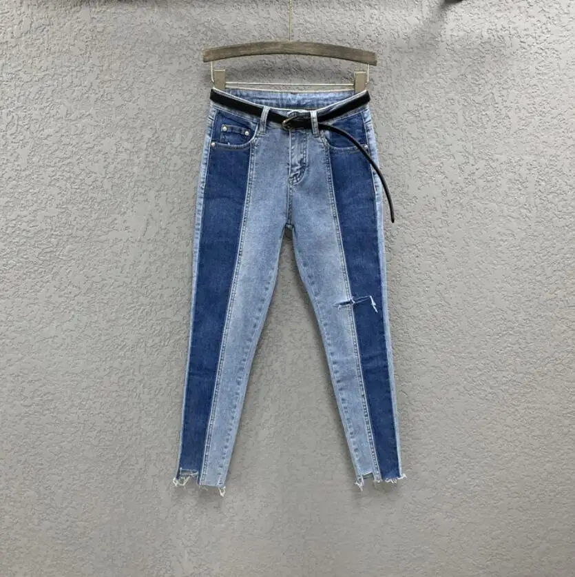 Stitching color matching jeans women 2020 spring new Korean version of the slim nine-pointed pencil denim pants r2477