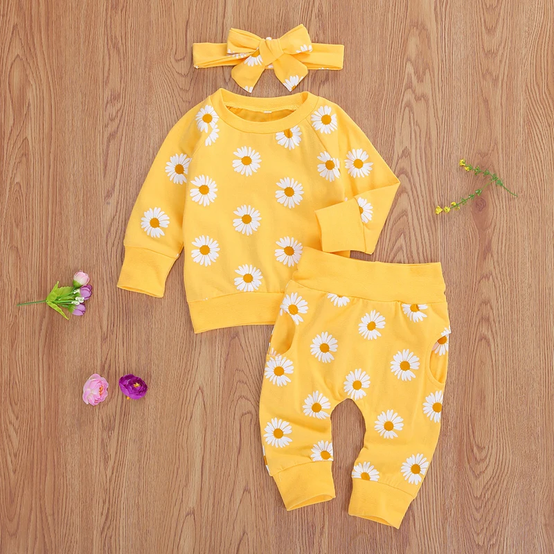2021 Spring Fall Baby Clothes Set Floral Printed Sweatshirts Tops+Pants+Bow Headband Outfit Girls Clothing Set 3pcs 5