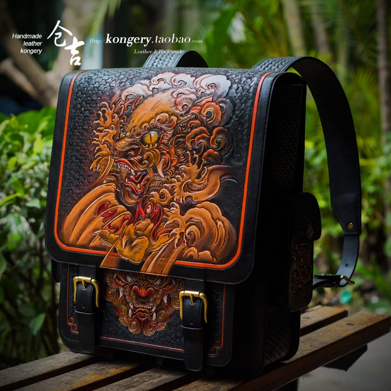 ★Kurayoshi manual backpack man skin diao tang lion domineering leather large capacity backpack leisure fashion art