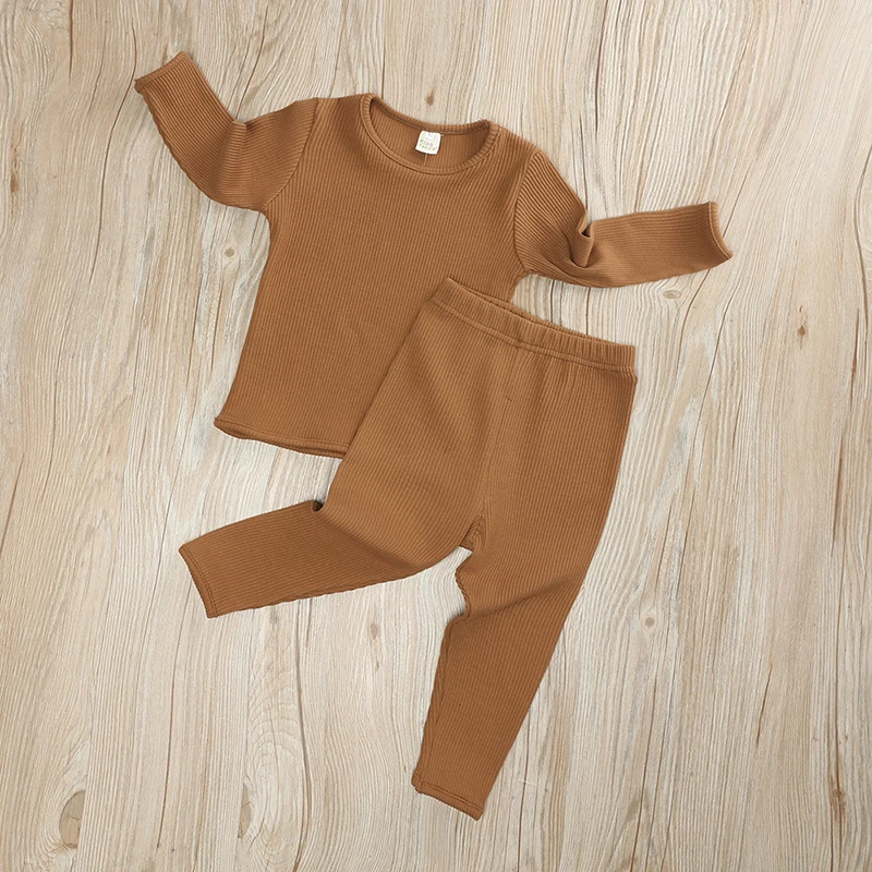 2-teiliges Set aus geripptem Strick für Jungen und Mädchen, Kinder-Pyjamas, Pullover+Hose, Baumwollkleidung, lange Schlafkleidung, Trainingsanzug – Detail 4
