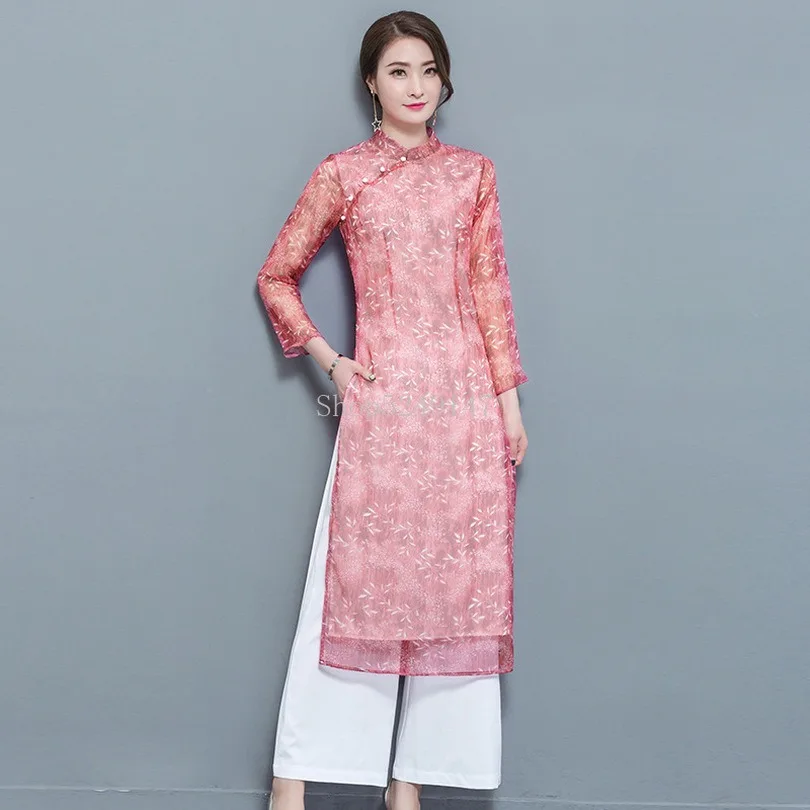 

Woman Chiffon Aodai Vietnam Traditional Clothing Ao Dai Vietnam Robes & Pants 2 Piece Set Women Dresses Improved Cheongsam