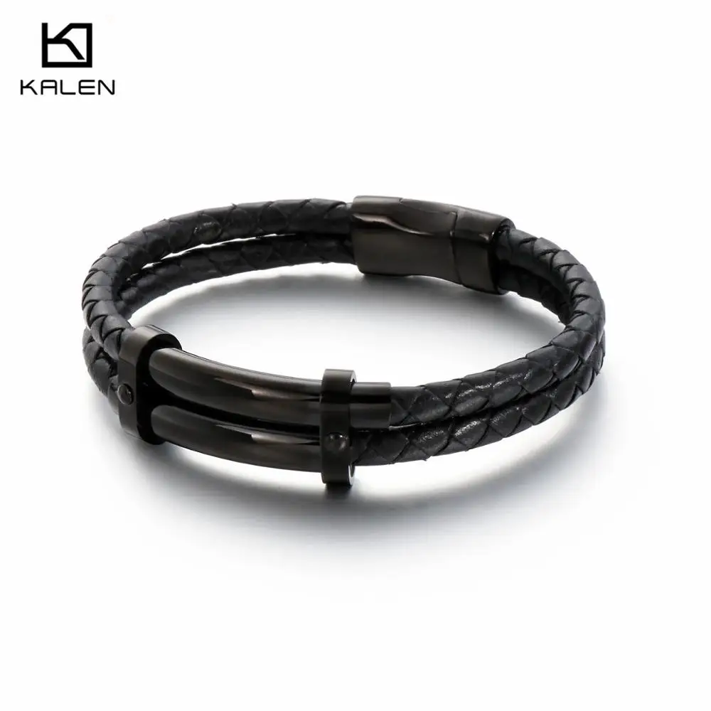 Vintag 21cm Double-Layered Leather Bracelet Men Stainless Steel  Charm Wrap Wristband e Jewelry Accessories