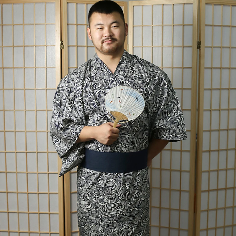 Japanese Traditional kimono With Obi Men Haori Pajamas Yukata Cotton Retro Samurai Style Long Sleepwear Cardigan Bathrobe