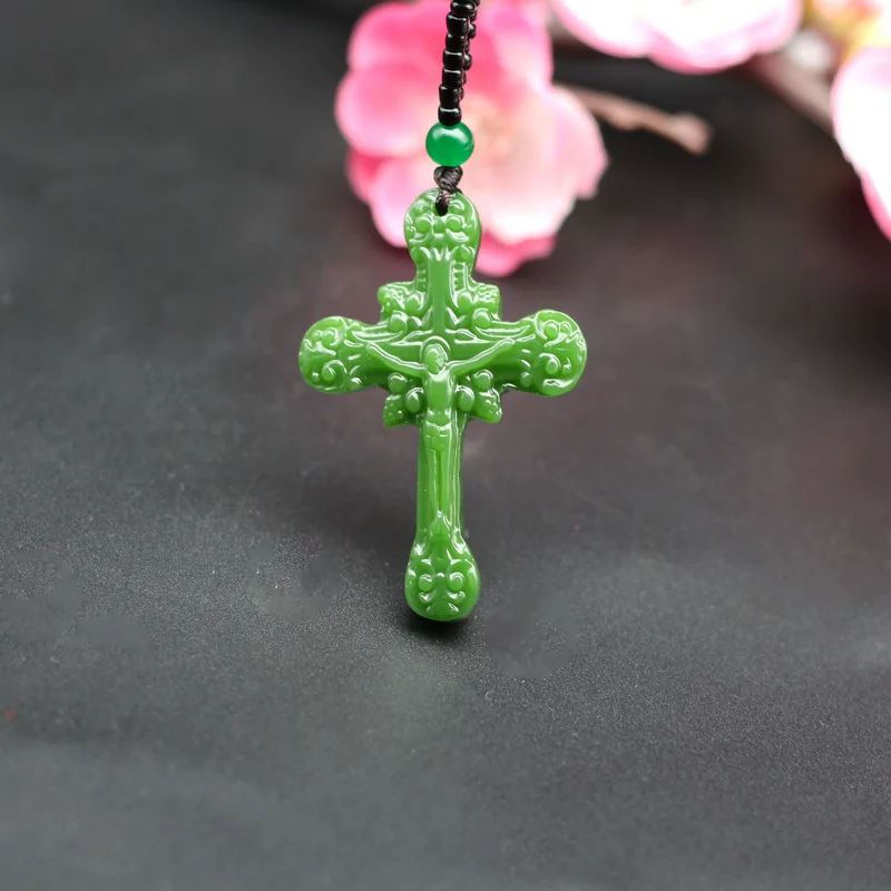 

Jesus Cross Natural Green Jade Pendant Necklace Chinese Hand-Carved Fashion Charm Jewelry Accessories Amulet for Men Women Gifts