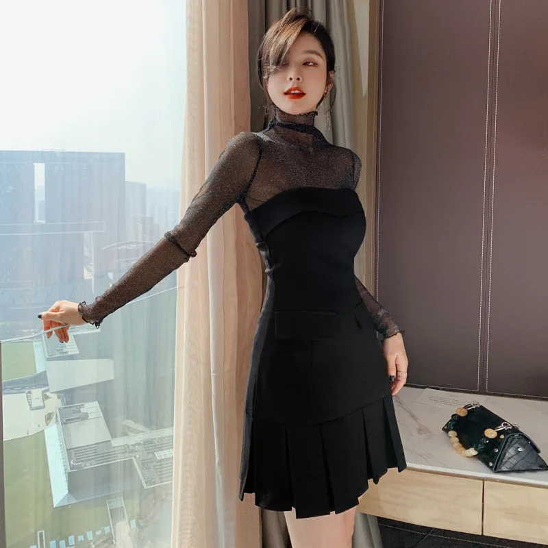 Elegant Office Lady Sexy Party Women Suits 2 Piece Set Black Mesh Long Sleeve Tops and Slash Neck Pleated Dress Tow Piece Set