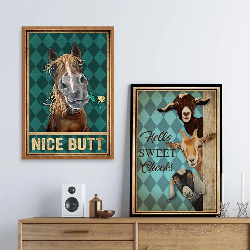 Funny Bathroom Toilet Wall Art Posters and Prints , Horse Goat Animals Vintage Canvas Painting Pictures WC Bathroom Wall Decor