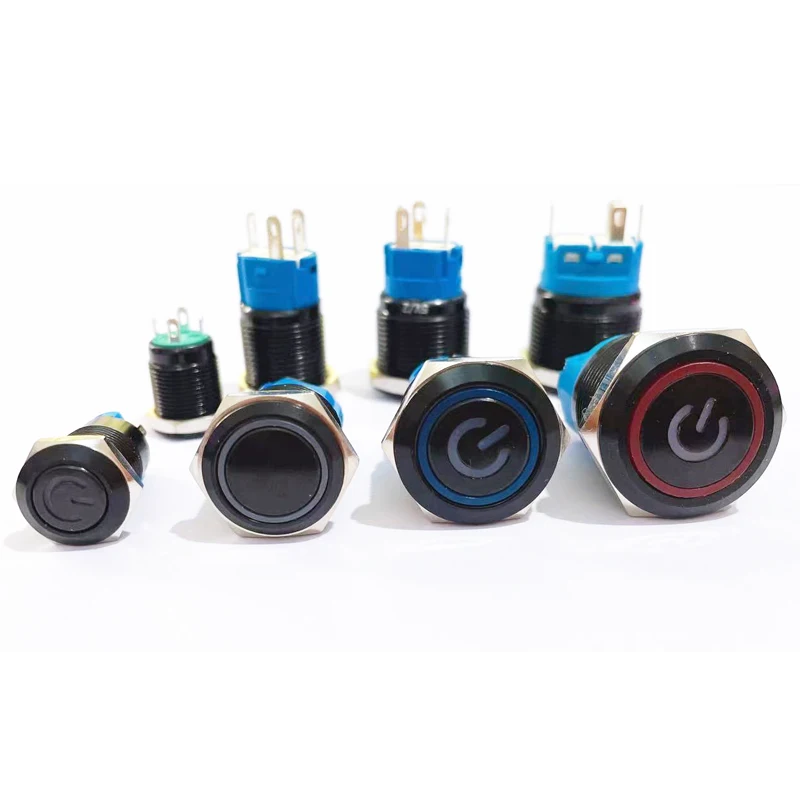 Black Push Button Switch 12/16/19/22mm Waterproof illuminated Led Light Metal Flat Momentary Switches with power mark 5V 12V 24V