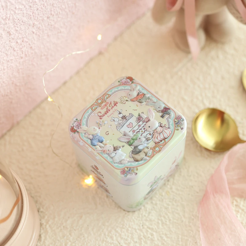 صندوق قصدير مطبوع عليه أرنب كرتوني، صندوق تخزين مربع للوجبات الخفيفة، منظم الحلوى، ديكور المنزل، صندوق معدني قابل للتجميع، هدايا الزفاف #5