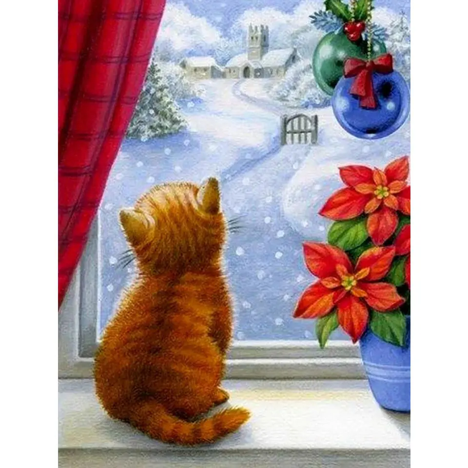 Diy 5D Diamond Painting Winter Cat on windowsill Full Drill Diamond Embroidery Snow Scenery Mosaic Picture of Rhinestones Decor