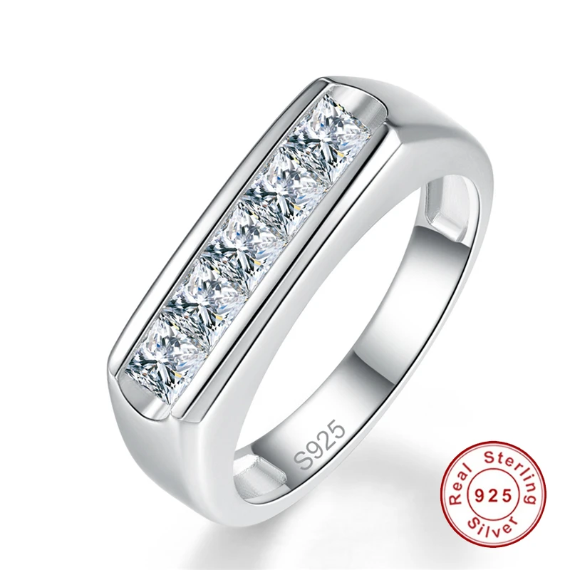 

3*3mm Square White Zircon Men's Ring 100% S925 Sterling Silver Ring Men Fine Jewelry Best Gift For Husband with Box