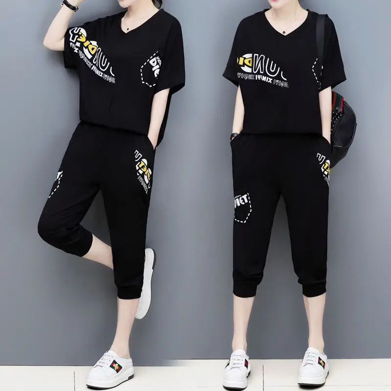 Casual Women Two Piece Outfits Summer Letter 2 Piece Set Top And Pants Spring Korean Tracksuit Women\'s Tracksuits Matching Sets