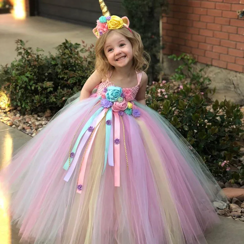 

Girls Pastel Unicorn Flower Tutu Dress Kids Crochet Tulle Strap Dress Ball Gown with Daisy Ribbons Children Party Costume Dress