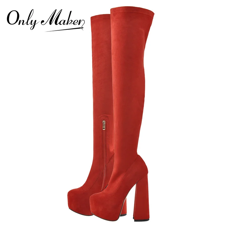 

Onlymaker Women Winter Platform Over The Knee Boots For Black Red Flock High Stretch Round Toe Chunky High Heel Sock ZIP Boots