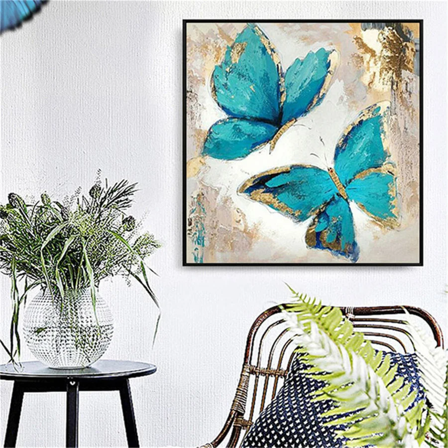 

Artist Original Gold Mural 100% Hand-painted Blue Butterfly Oil Painting On Canvas Picture For Living Room Decor Poster Artwork