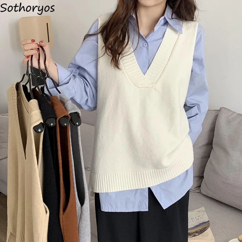 Women Solid Sweater Vests V-neck Gentle Knitted Loose Soft Autumn Daily Side-slit Teenagers Outwear Females Jumpers Trendy Hot