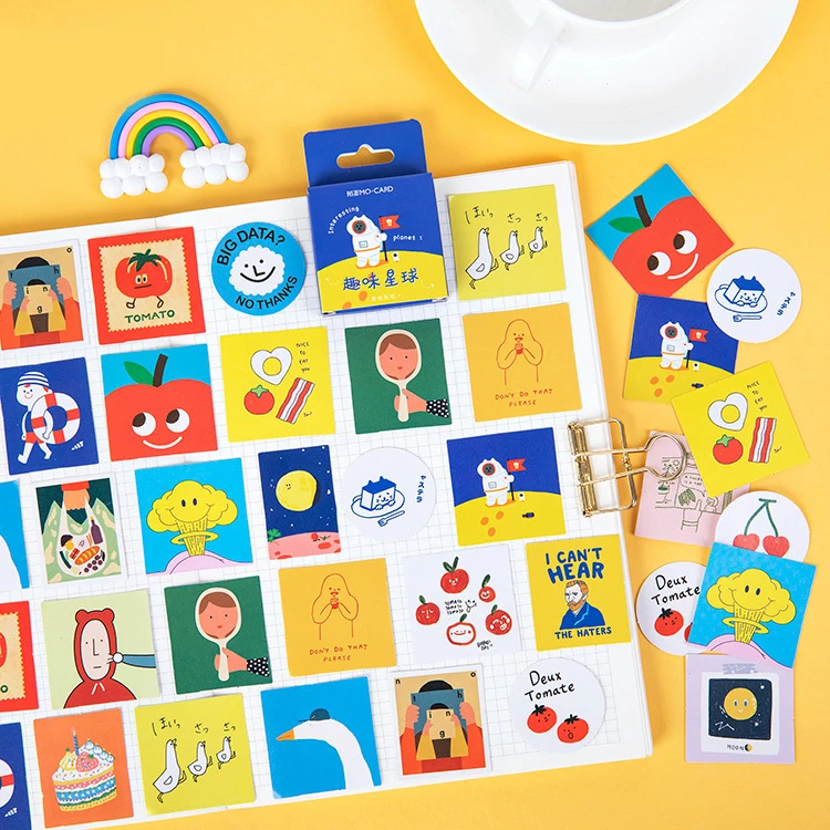 Mohamm 45 PCS Boxed Stickers Fun Planet Cute Cartoon Decoration Sticker Flakes Scrapbooking Gift Girl School Supplies