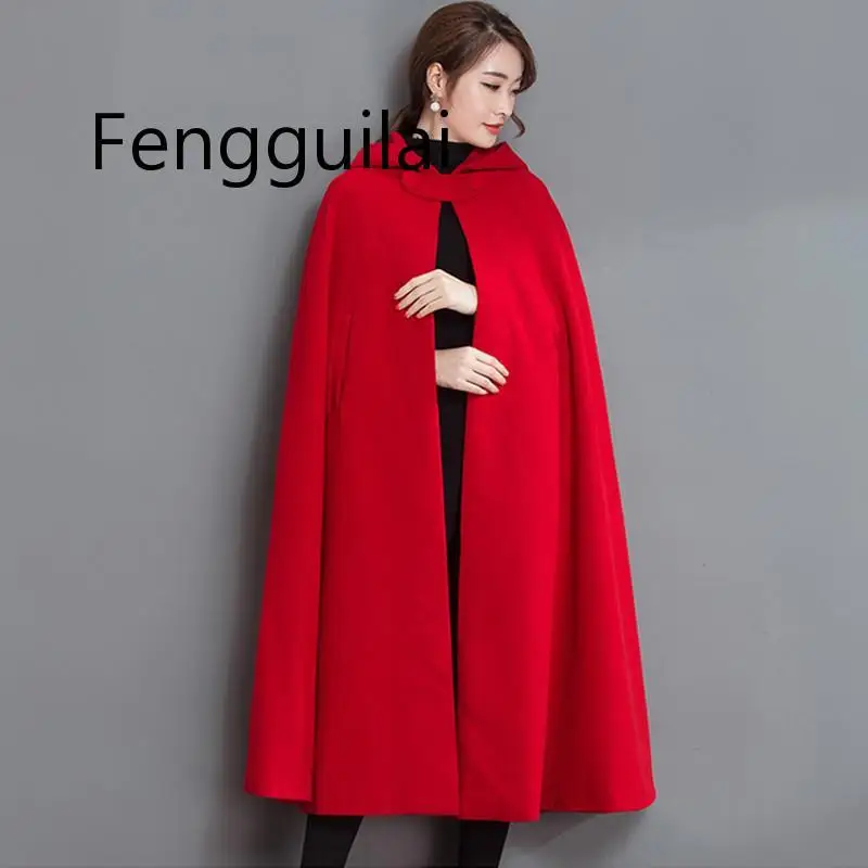FENGGUILAI 2020 Autumn Winter Womens Capes Red Hooded Poncho Woolen Coats Batwing Long Cloak Capas Ponchos Damas High Quality
