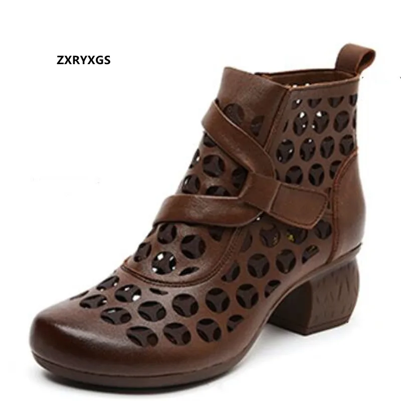 ZXRYXGS 2024 Top Cowhide Hole Hole Shoes Cool Boots Fashion Sandals Soft Sole Thick Heels Elegant Trendy Boots Women Shoes Boots