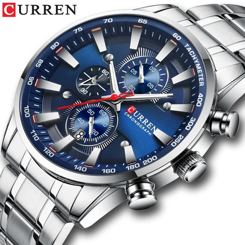 Imagen 2 del producto Reloj Curren para hombre, marca de lujo, esfera grande, relojes de cuarzo azul para hombre, cronógrafo, reloj de pulsera deportivo para hombre, reloj con fecha de acero inoxidable