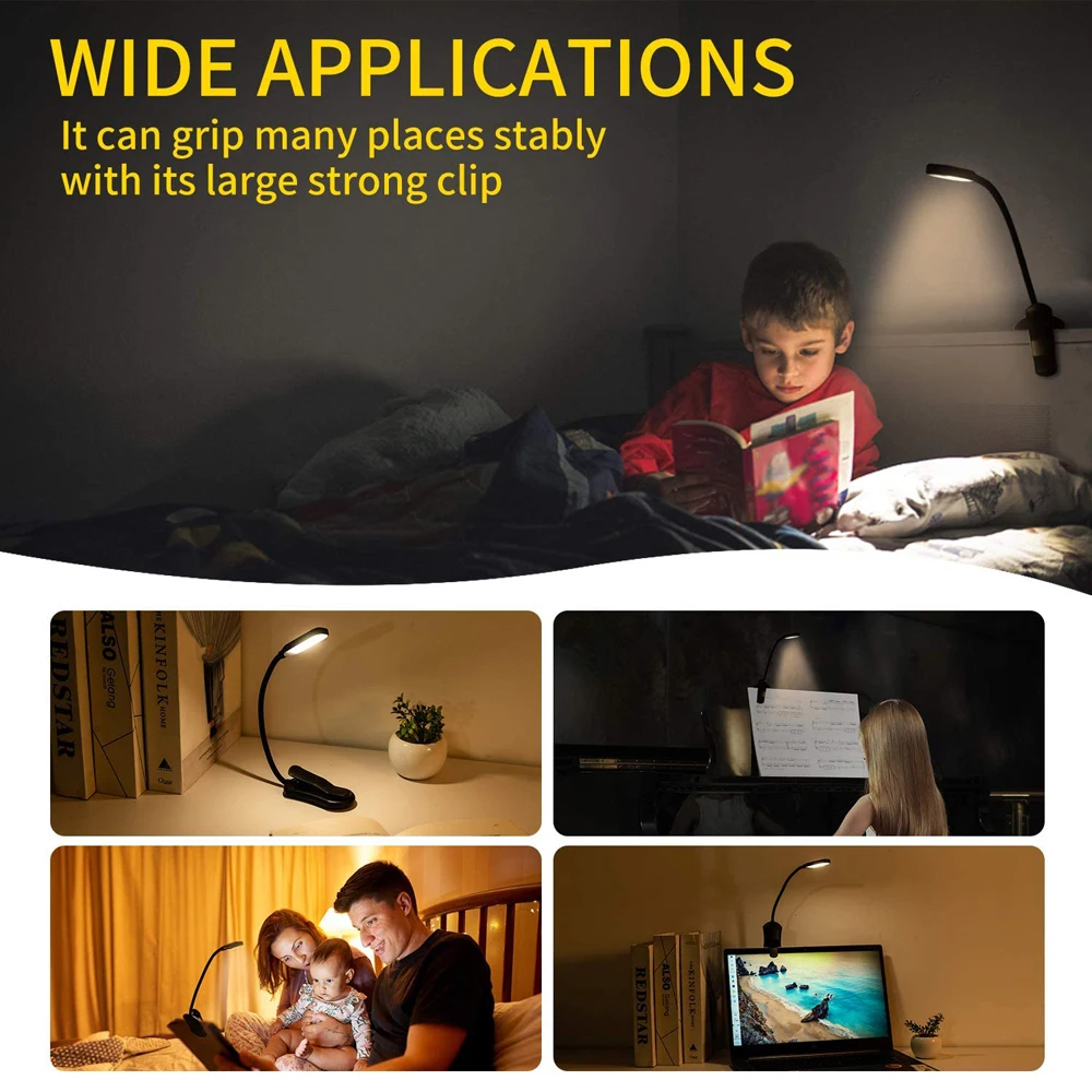 Book Light Mini 7 LED Reading Light Rechargeable 3-Level Warm Cool White Flexible Easy Clip Lamp Read Night Reading Lamp in Bed