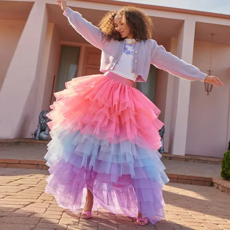 Fashion Long Layered Skirt Colorful Tulle Tutu Multi-Layer Tiered Women Bridal Skirts Birthday Party Gown Female Tutu Skirt