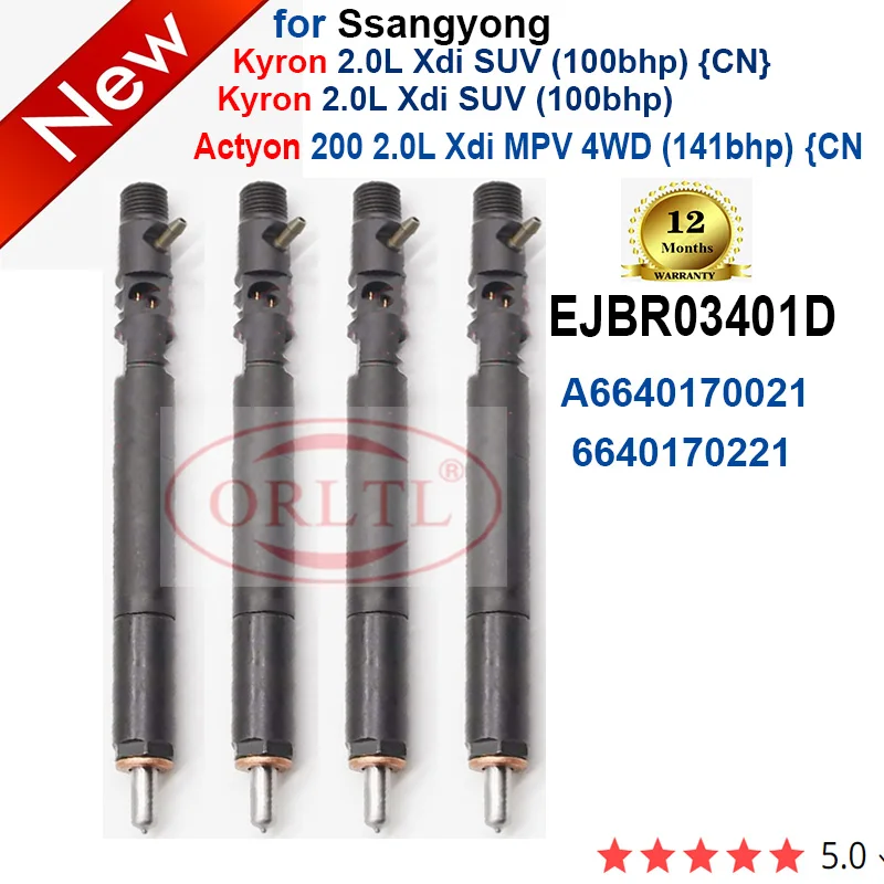 4PC EJBR03301D Nozzle EJBR03401D A6640170021 6640170221 Injector EJBR04501D 6640170021 For SSANGYONG Kyron Actyon JMC Euro 4/3