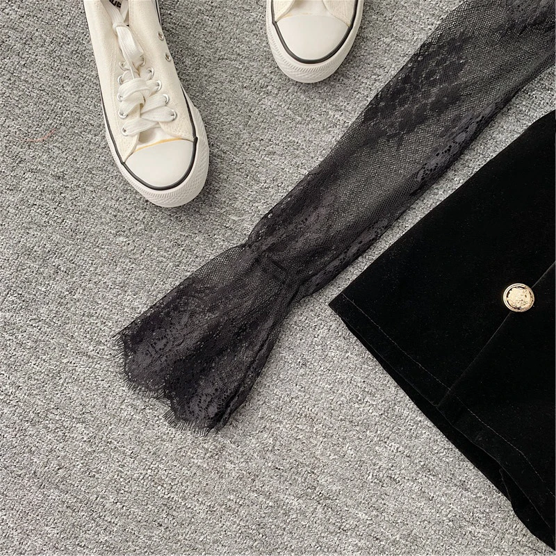 Chidrizawa Two Piece Outfits Lace Tulle Pullover Flare Sleeve Shorts Gold Velvet Button Solid 2021 New Fashion Clothes Female