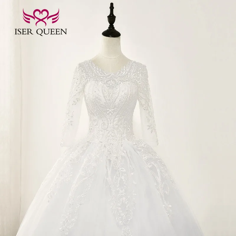 ที่กําหนดเอง 3/4 แขนลูกไม้ที่สวยงาม Appliques ชุดแต่งงานภาพลวงตากลับเรือคอบอลชุดแต่งงานชุด WX0162