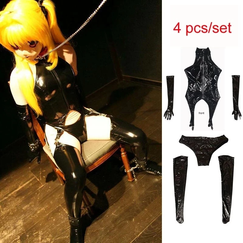 Fad PVC imitacja lateksu 4 sztuk/zestaw Cosplay Anime łańcuch kostium pokojówki silikonowe dziewczyna erotyczne body Babydoll figi Golves Stocking