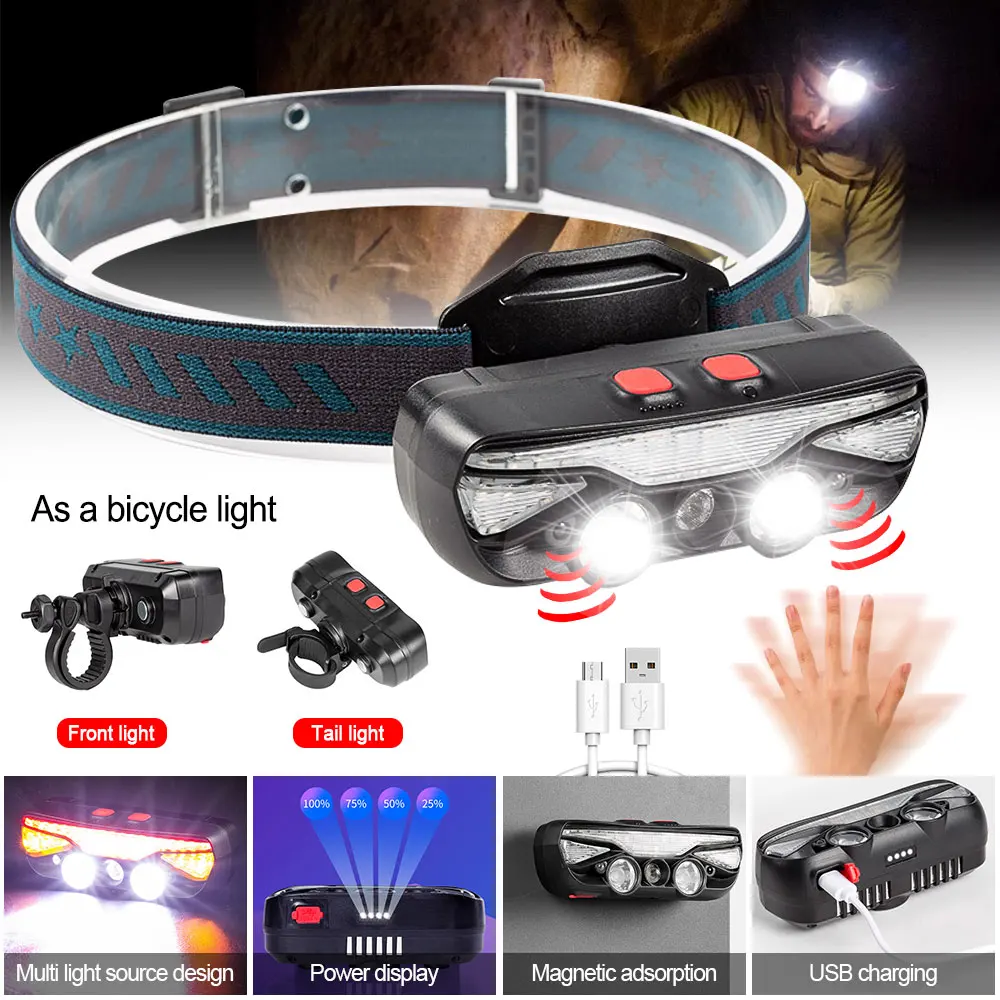 

2In1 L2 LED Induction Headlamp USB Charging Flashlight Fishing Headlight LED Bicycle Light Bike Tail Light Camping Lantern