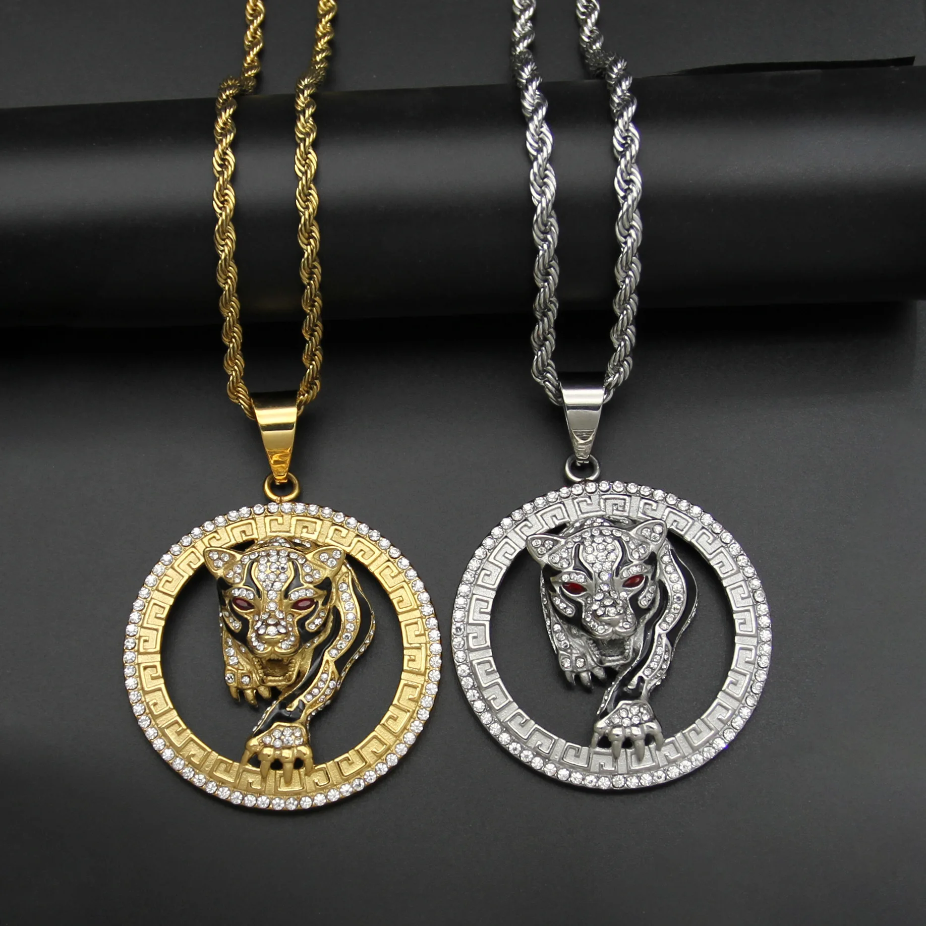 Hip Hop Iced Out Bling Tiger 316L  Stainess Steel with zircon Gold Color Pendants & Necklaces For Men Women Jewelry