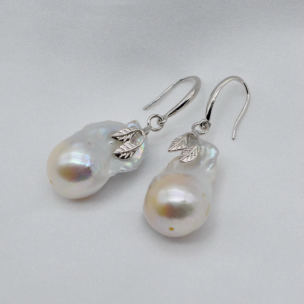 Women\'s Earrings White Natural Baroque Pearl Silver Earrings Diameter 15mm Water Drop Pearl Drop Baroque Earrings Free Shipping