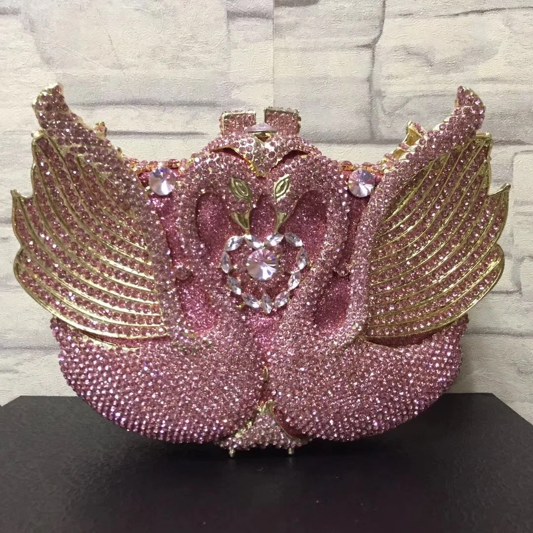 

Swan Pink/Silve Evening Clutches Rhinestone Dazzling Diamond Women Dinner Purse Banquet Lady Handbags Cocktail Gala Crystal Bags